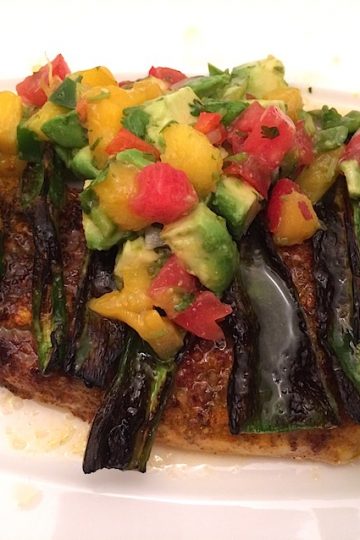 Broiled Red Snapper Filet with Poblano Peppers and Avocado Mango Salsa