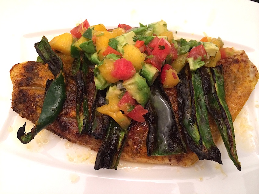 Broiled Red Snapper Filet with Poblano Peppers and Avocado Mango Salsa